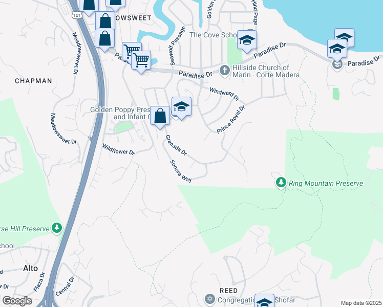 map of restaurants, bars, coffee shops, grocery stores, and more near 110 Granada Dr in Corte Madera