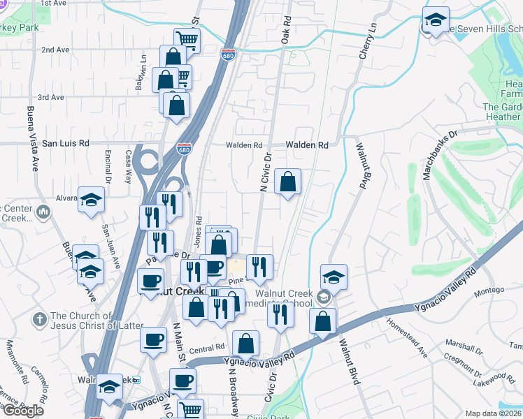 map of restaurants, bars, coffee shops, grocery stores, and more near 432 North Civic Drive in Walnut Creek