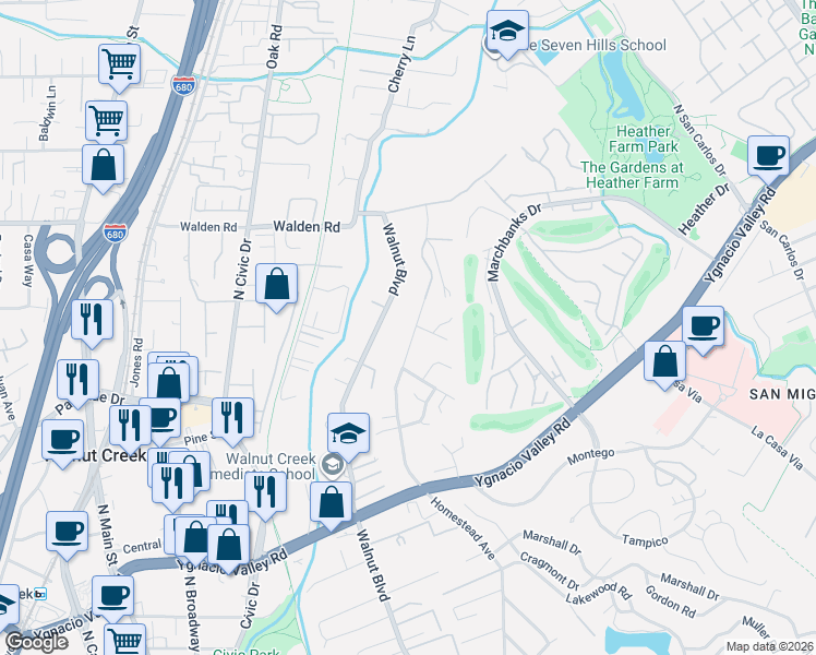 map of restaurants, bars, coffee shops, grocery stores, and more near 1441 Homestead Avenue in Walnut Creek
