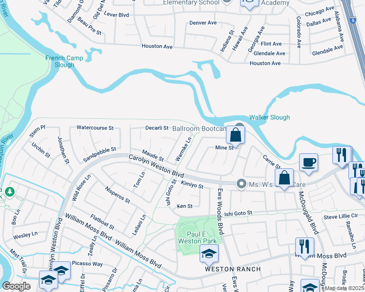 map of restaurants, bars, coffee shops, grocery stores, and more near 3301 Warmke Lane in Stockton