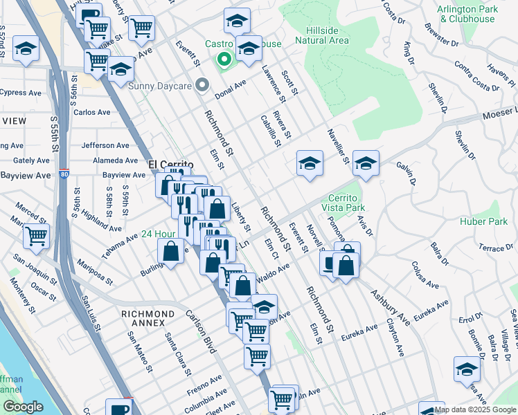map of restaurants, bars, coffee shops, grocery stores, and more near 1025 Richmond Street in El Cerrito
