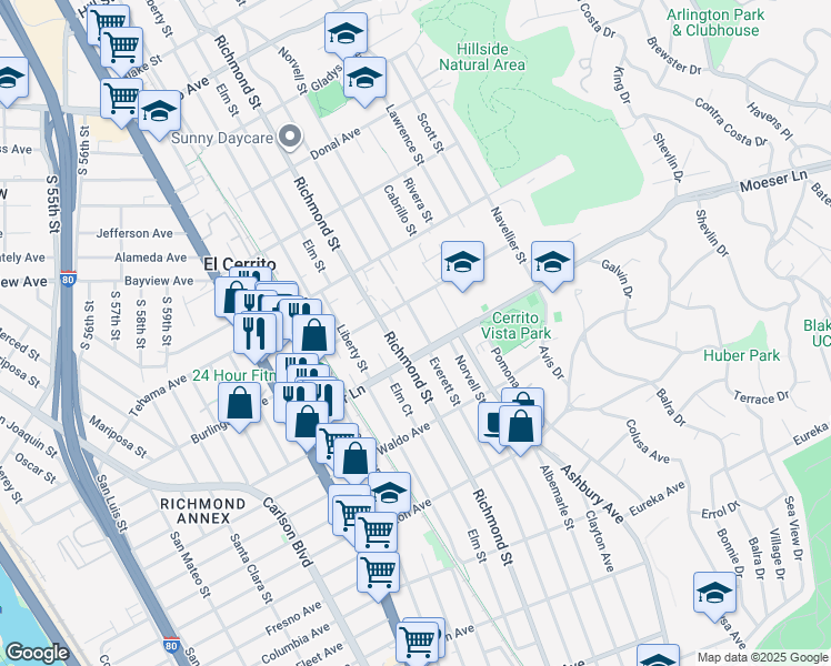 map of restaurants, bars, coffee shops, grocery stores, and more near 1017 Everett Street in El Cerrito