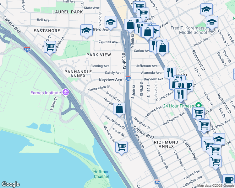 map of restaurants, bars, coffee shops, grocery stores, and more near 1401 Santa Clara Street in Richmond