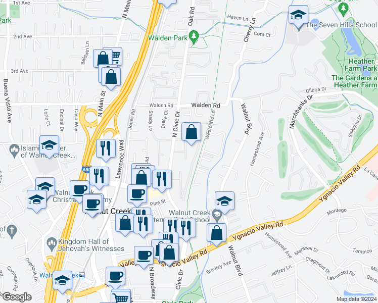 map of restaurants, bars, coffee shops, grocery stores, and more near 450 North Civic Drive in Walnut Creek