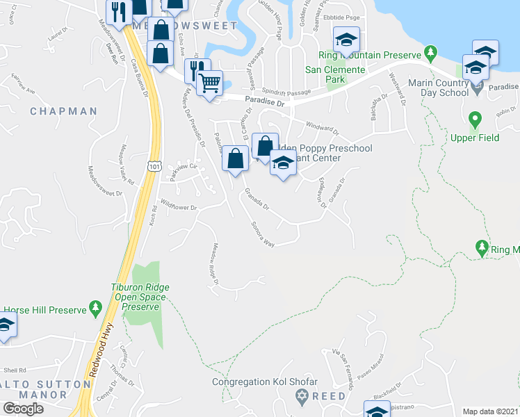 map of restaurants, bars, coffee shops, grocery stores, and more near 93 Granada Drive in Corte Madera