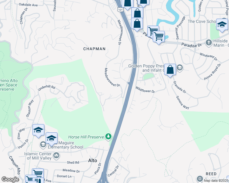 map of restaurants, bars, coffee shops, grocery stores, and more near 1133 Meadowcrest Drive in Corte Madera