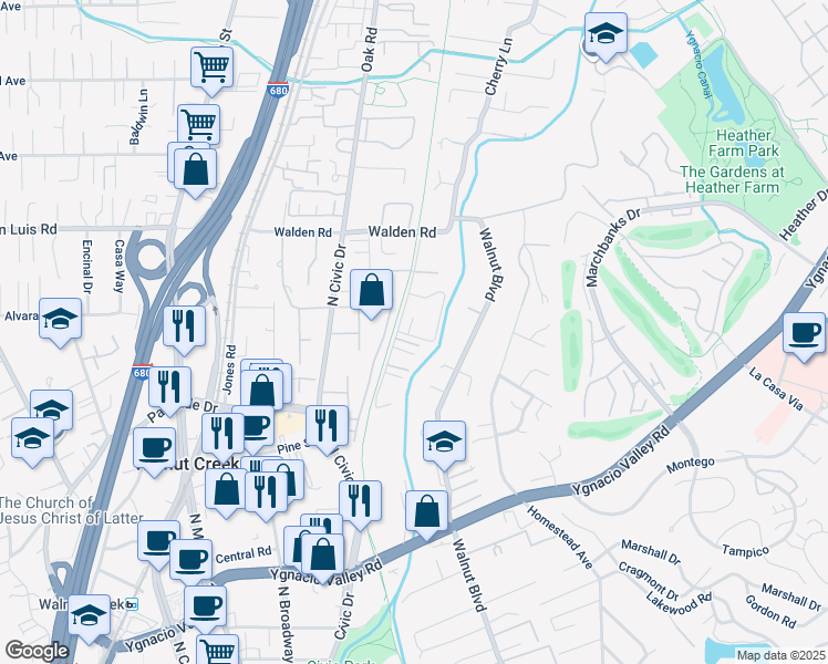 map of restaurants, bars, coffee shops, grocery stores, and more near 305 Westcliffe Circle in Walnut Creek