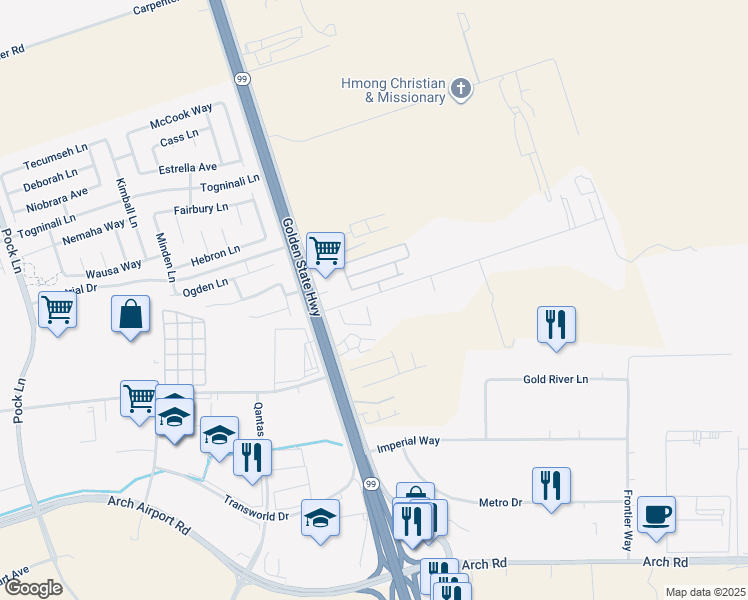 map of restaurants, bars, coffee shops, grocery stores, and more near 3654 Marfargoa Road in Stockton