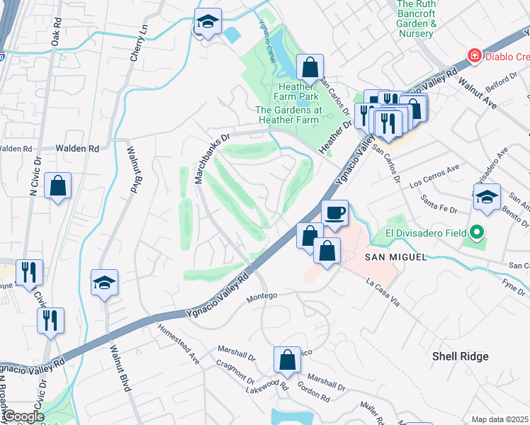 map of restaurants, bars, coffee shops, grocery stores, and more near 291 Kinross Drive in Walnut Creek