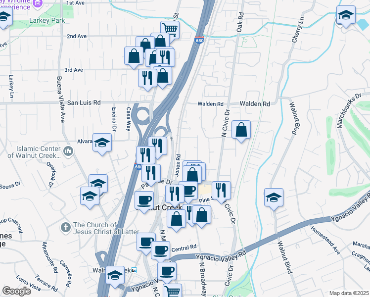 map of restaurants, bars, coffee shops, grocery stores, and more near 580 Churchill Downs Court in Walnut Creek