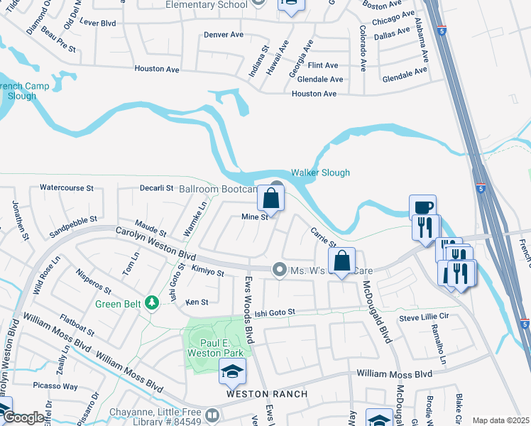 map of restaurants, bars, coffee shops, grocery stores, and more near 1277 Mine St in Stockton