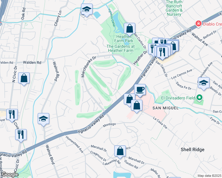 map of restaurants, bars, coffee shops, grocery stores, and more near 291 Kinross Drive in Walnut Creek