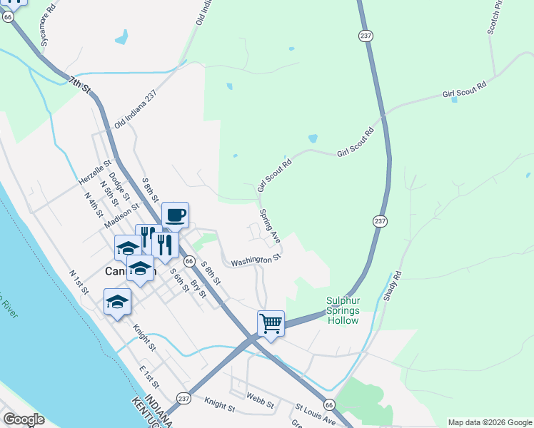 map of restaurants, bars, coffee shops, grocery stores, and more near 5205 Cannelton Heights in Cannelton