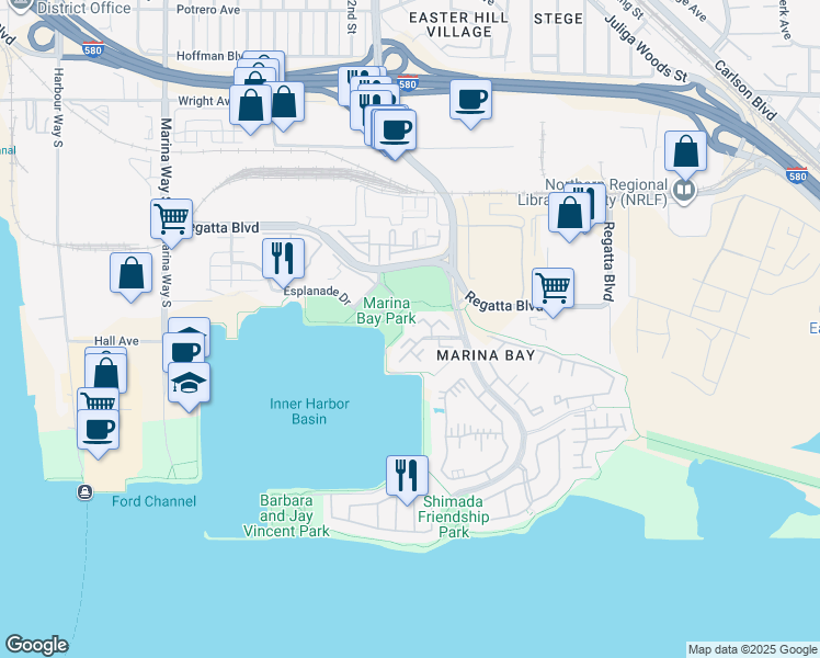 map of restaurants, bars, coffee shops, grocery stores, and more near 422 Commodore Drive in Richmond