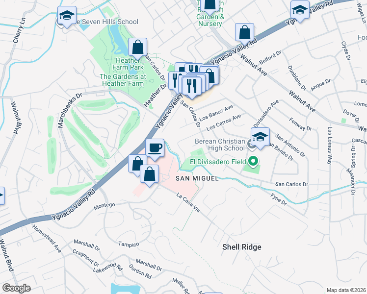 map of restaurants, bars, coffee shops, grocery stores, and more near 55 Los Cerros Avenue in Walnut Creek