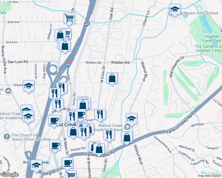 map of restaurants, bars, coffee shops, grocery stores, and more near 450 North Civic Drive in Walnut Creek