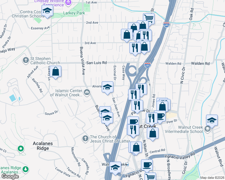 map of restaurants, bars, coffee shops, grocery stores, and more near 1691 Alvarado Avenue in Walnut Creek