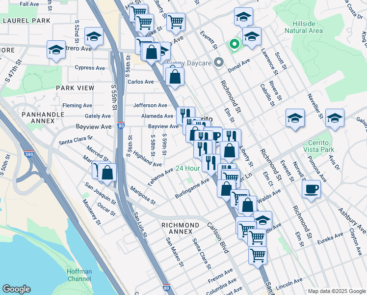 map of restaurants, bars, coffee shops, grocery stores, and more near 6105 Orchard Avenue in Richmond