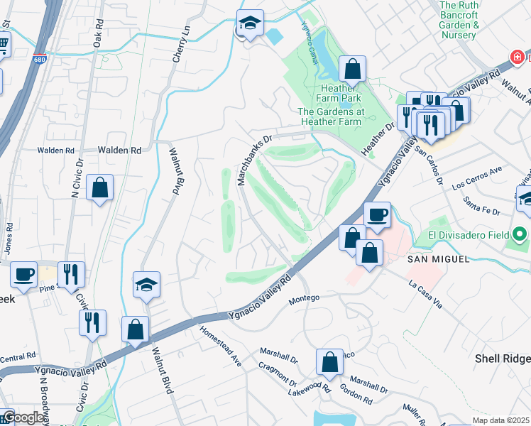 map of restaurants, bars, coffee shops, grocery stores, and more near 1467 Marchbanks Drive in Walnut Creek