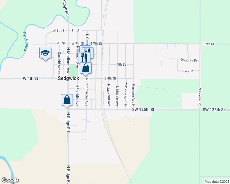 map of restaurants, bars, coffee shops, grocery stores, and more near 314 East 2nd Street in Sedgwick