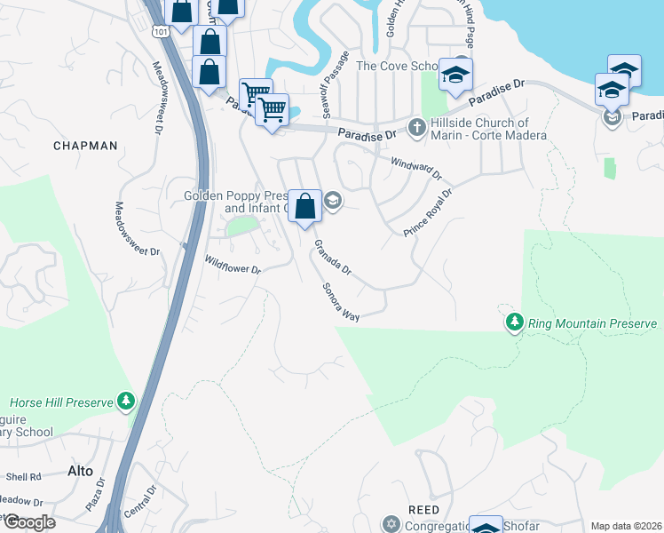 map of restaurants, bars, coffee shops, grocery stores, and more near 93 Granada Drive in Corte Madera
