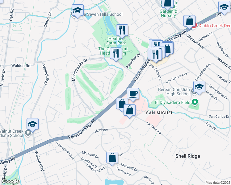 map of restaurants, bars, coffee shops, grocery stores, and more near 100 Kinross Drive in Walnut Creek