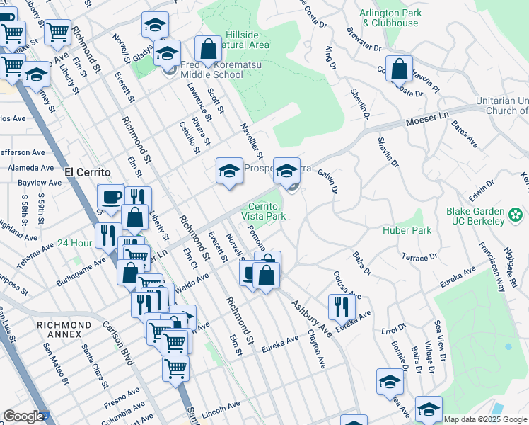 map of restaurants, bars, coffee shops, grocery stores, and more near 999 Avis Dr in El Cerrito