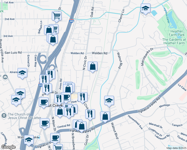 map of restaurants, bars, coffee shops, grocery stores, and more near 420 North Civic Drive in Walnut Creek