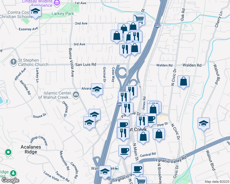 map of restaurants, bars, coffee shops, grocery stores, and more near 1571 Alvarado Avenue in Walnut Creek