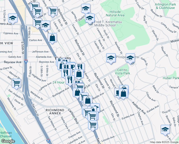 map of restaurants, bars, coffee shops, grocery stores, and more near 6712 Portola Drive in El Cerrito