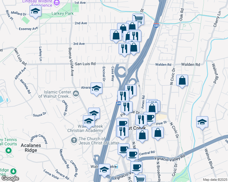 map of restaurants, bars, coffee shops, grocery stores, and more near 1611 Alvarado Avenue in Walnut Creek