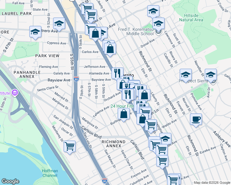 map of restaurants, bars, coffee shops, grocery stores, and more near 6105 Orchard Avenue in Richmond