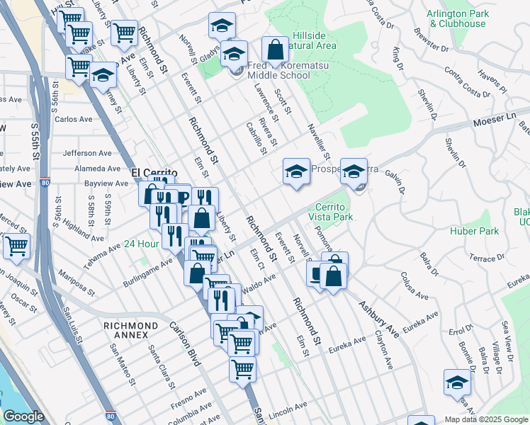 map of restaurants, bars, coffee shops, grocery stores, and more near 1025 Everett Street in El Cerrito