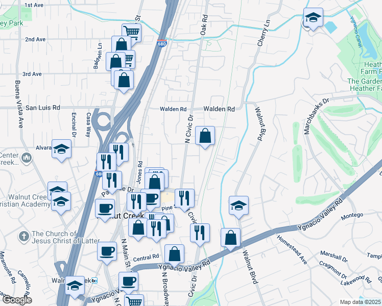 map of restaurants, bars, coffee shops, grocery stores, and more near 440 North Civic Drive in Walnut Creek