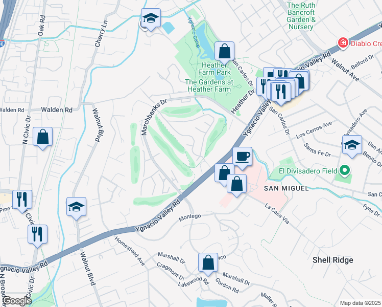 map of restaurants, bars, coffee shops, grocery stores, and more near 291 Kinross Drive in Walnut Creek