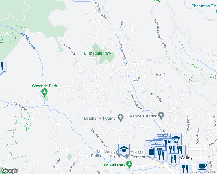 map of restaurants, bars, coffee shops, grocery stores, and more near 200 Marguerite Avenue in Mill Valley