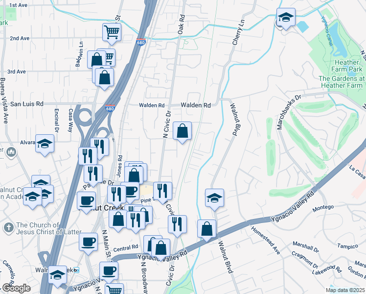 map of restaurants, bars, coffee shops, grocery stores, and more near 450 North Civic Drive in Walnut Creek