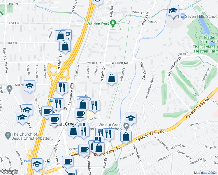 map of restaurants, bars, coffee shops, grocery stores, and more near 450 North Civic Drive in Walnut Creek