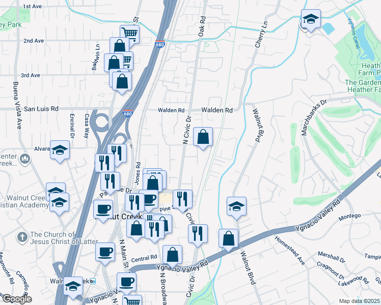 map of restaurants, bars, coffee shops, grocery stores, and more near 440 North Civic Drive in Walnut Creek
