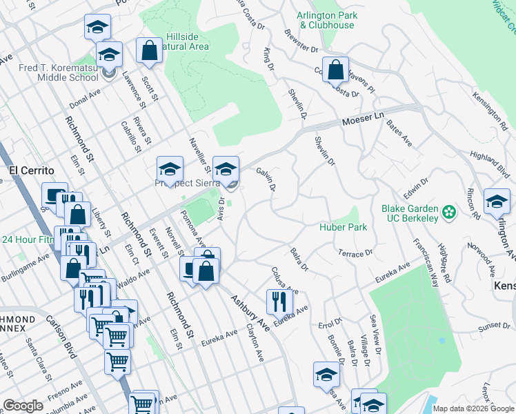 map of restaurants, bars, coffee shops, grocery stores, and more near 855 Galvin Drive in El Cerrito