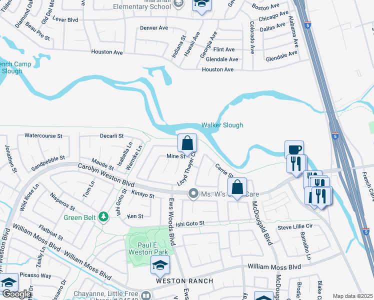 map of restaurants, bars, coffee shops, grocery stores, and more near 1304 Lloyd Thayer Circle in Stockton