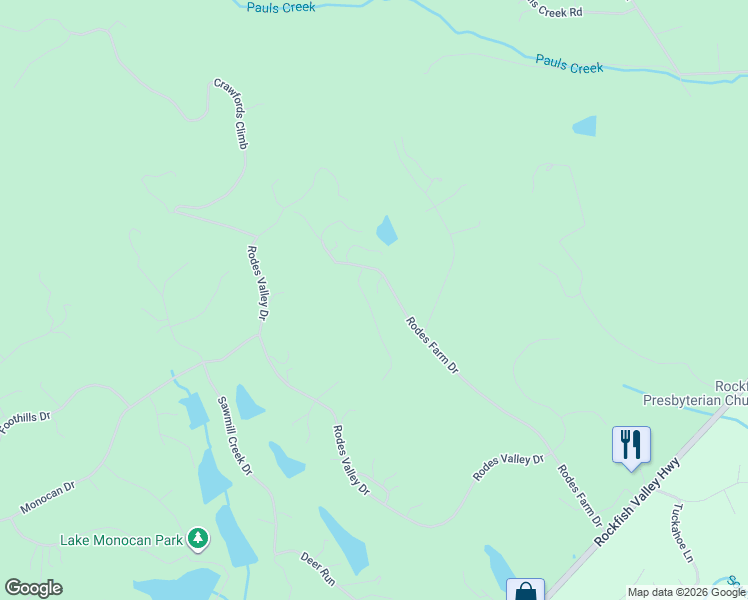 map of restaurants, bars, coffee shops, grocery stores, and more near 54 Meadow Lane in Nellysford