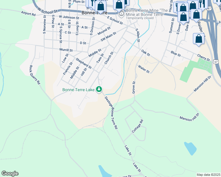 map of restaurants, bars, coffee shops, grocery stores, and more near 10 Lake Drive in Bonne Terre