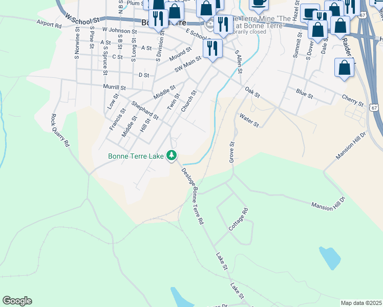 map of restaurants, bars, coffee shops, grocery stores, and more near 10 Lake Drive in Bonne Terre