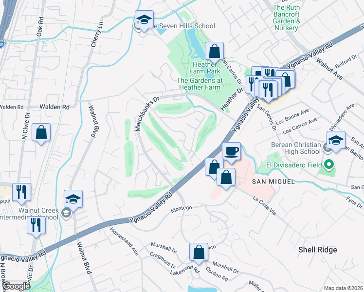map of restaurants, bars, coffee shops, grocery stores, and more near 295 Kinross Drive in Walnut Creek