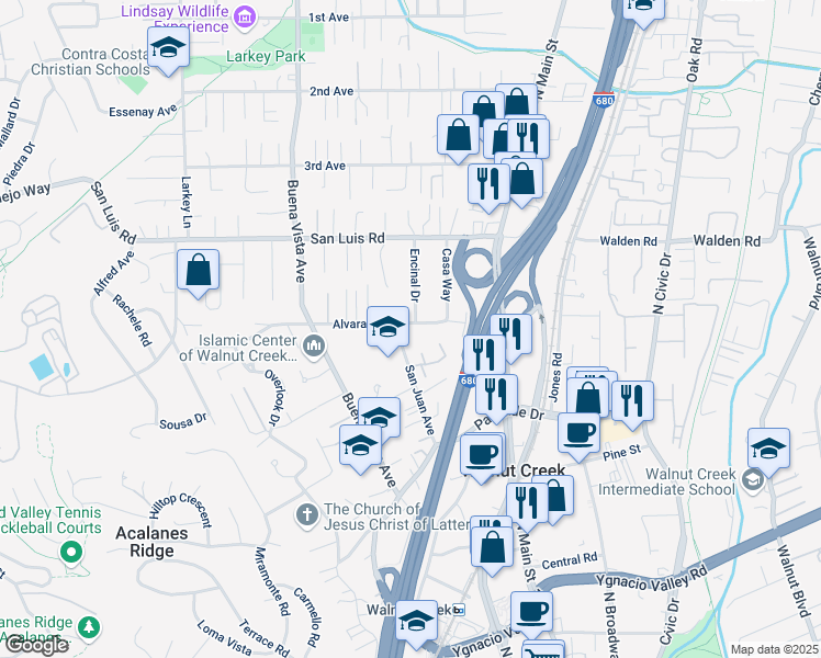 map of restaurants, bars, coffee shops, grocery stores, and more near 1691 Alvarado Avenue in Walnut Creek