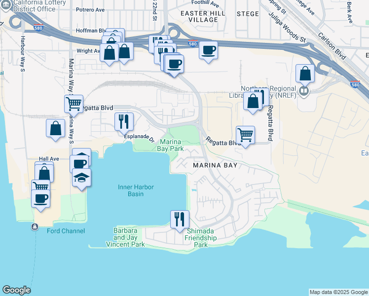 map of restaurants, bars, coffee shops, grocery stores, and more near 408 Commodore Drive in Richmond