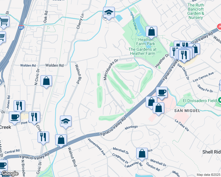map of restaurants, bars, coffee shops, grocery stores, and more near 100 Crosby Court in Walnut Creek
