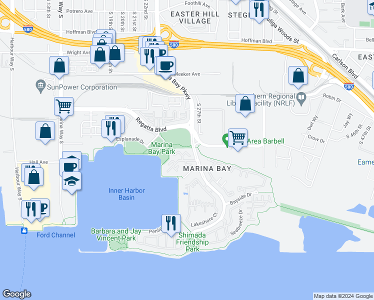 map of restaurants, bars, coffee shops, grocery stores, and more near 205 Commodore Drive in Richmond