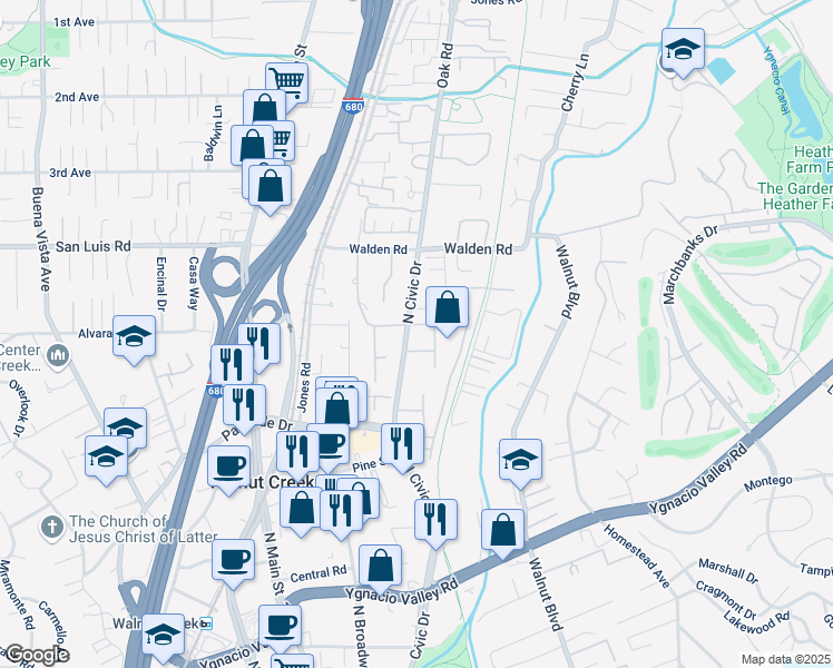 map of restaurants, bars, coffee shops, grocery stores, and more near 410 North Civic Drive in Walnut Creek